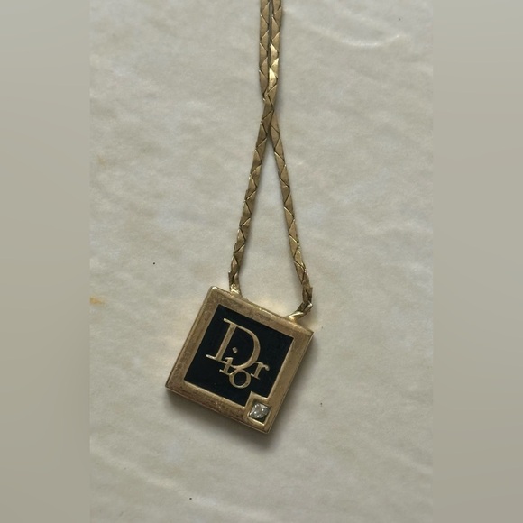 Christian Dior Women's Square Gold Necklace with diamond stud vintage AUTHENTIC - Picture 1 of 4